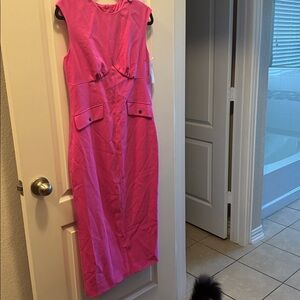 Hot Pink Elegant Women's Flap Detail Split Hem Cap Sleeve Dress